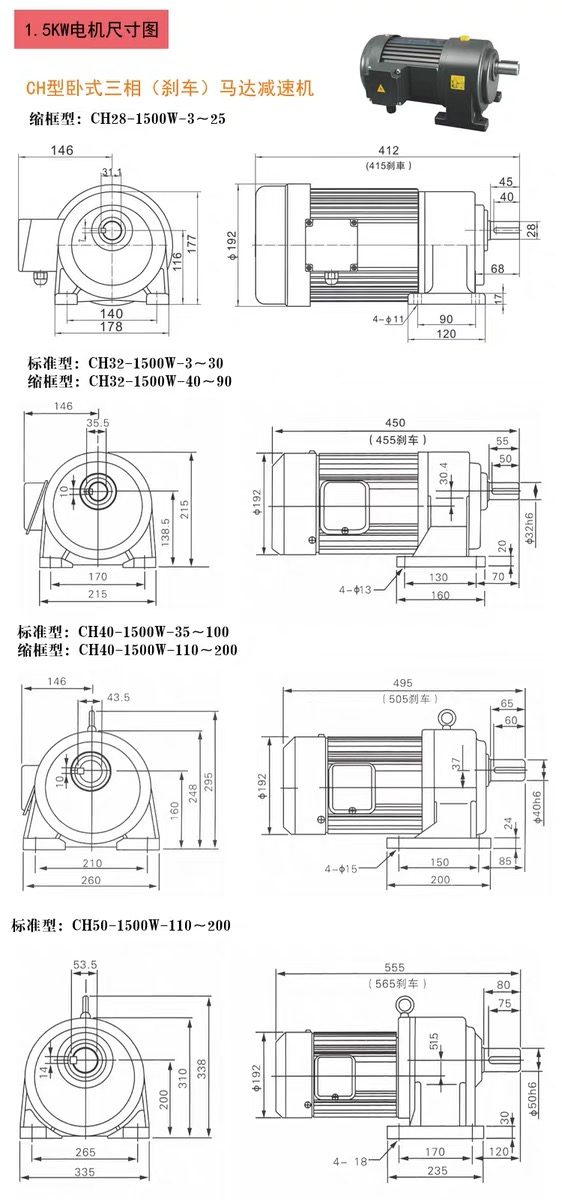 1.5KW motor size chart